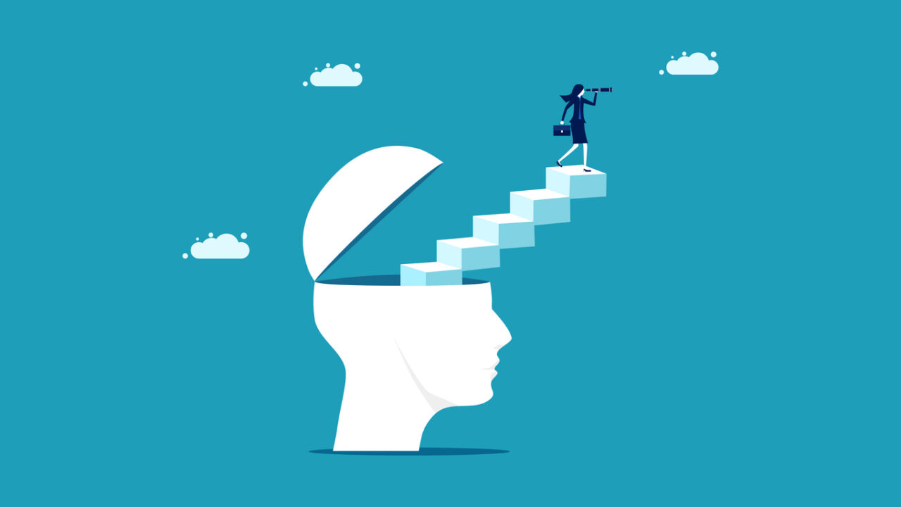 Businesswoman climbing stairs emerging from a head, symbolizing growth, thought leadership, and future vision in AI search.