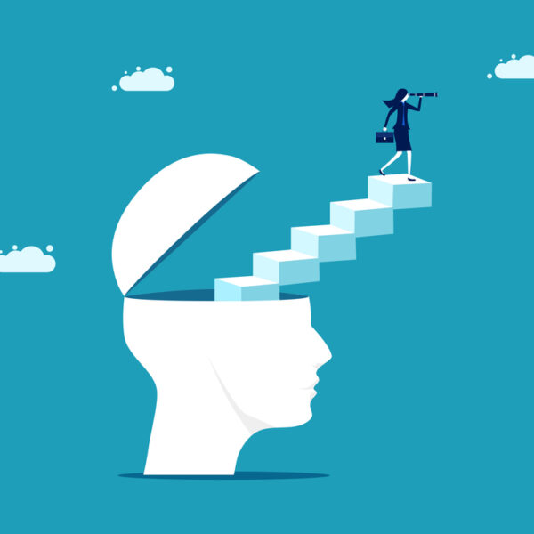 Businesswoman climbing stairs emerging from a head, symbolizing growth, thought leadership, and future vision in AI search.