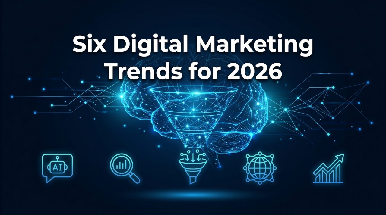 Digital marketing trends 2026 — futuristic network of AI connections, data nodes, and omni-channel pathways representing the evolution of buyer research and brand authority.
