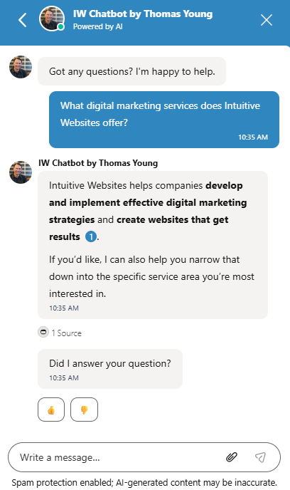 Example use of Intuitive Websites Chatbot