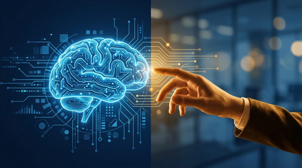 A human hand and a robotic AI hand reaching toward each other against a glowing digital background, symbolizing the collaboration between human creativity and artificial intelligence in marketing.