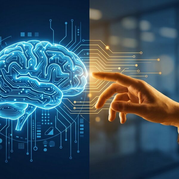 A human hand and a robotic AI hand reaching toward each other against a glowing digital background, symbolizing the collaboration between human creativity and artificial intelligence in marketing.
