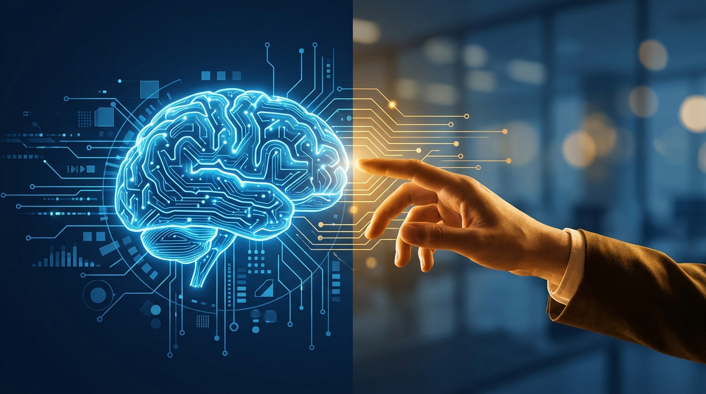 A human hand and a robotic AI hand reaching toward each other against a glowing digital background, symbolizing the collaboration between human creativity and artificial intelligence in marketing.