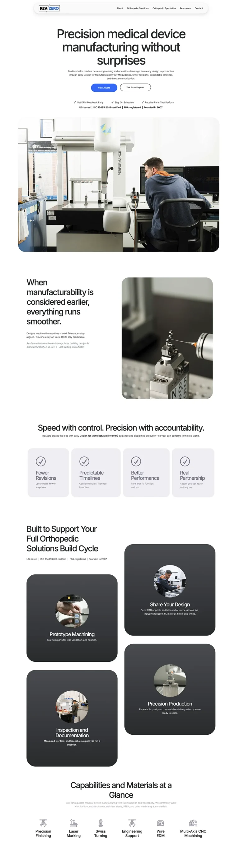WordPress website homepage design for RevZero, a precision medical device manufacturing company