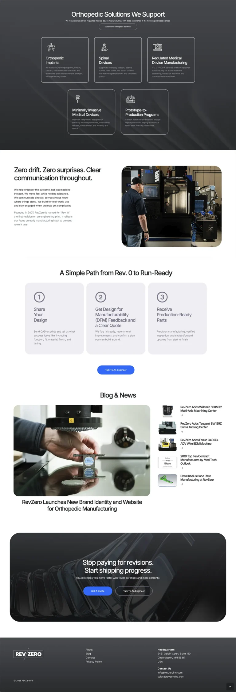 Homepage design showing orthopedic manufacturing solutions and blog section for RevZero website