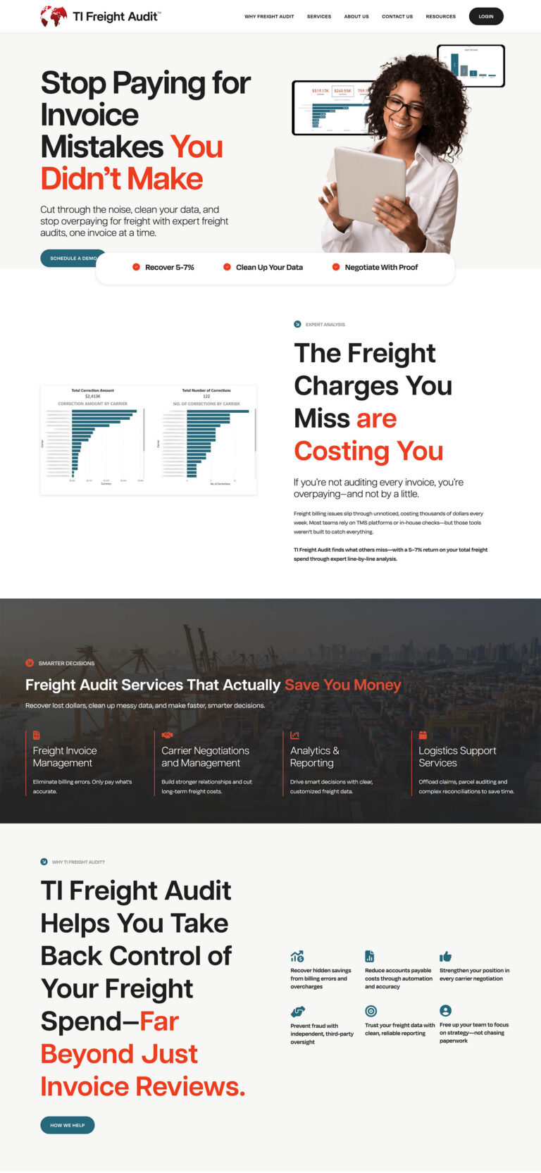 WordPress website homepage design for TI Freight Audit, a freight invoice audit and cost recovery company